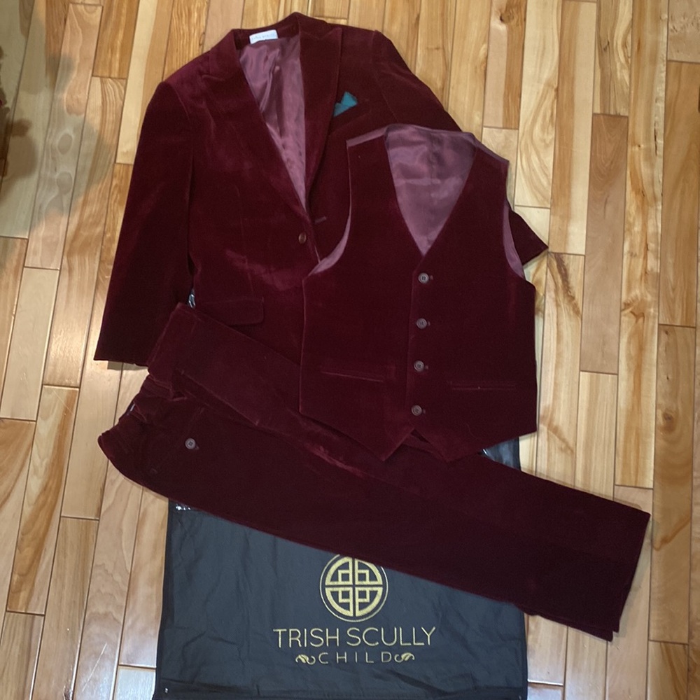 Trish Scully Boys' Burgundy Velvet 3-Piece Blazer Set